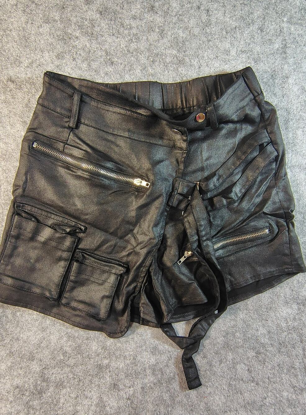 Faux-leather Cargo Shorts zippered pockets with tie belt Size XS